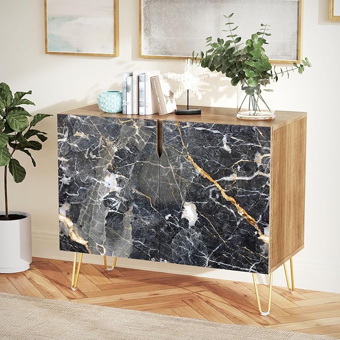 SIGNWIN Sideboard Buffet Cabinet, Kitchen Storage Cabinet with 2 Doors, Black & Gold Marble Granite Patterns, Cupboard Console Table for Dining Room - 35" L x 18" W x 29" H
