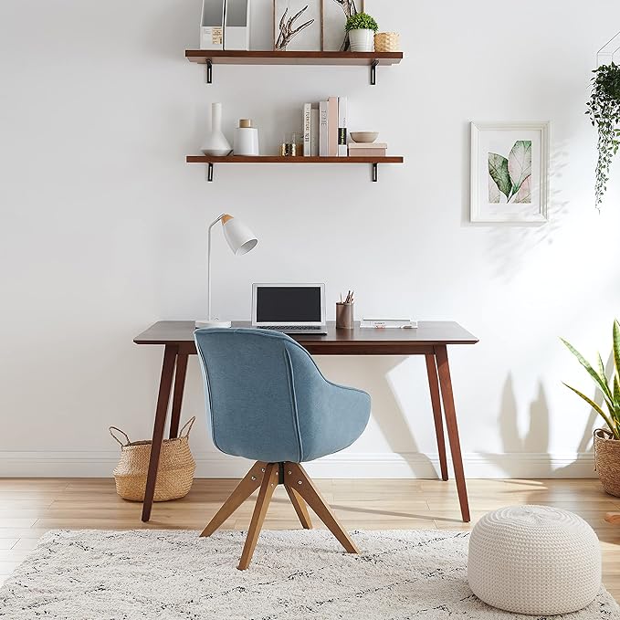 Art Leon Office Chair No Wheels, Mid Century Modern Desk Chair No Wheels, Swivel Accent Chair with Solid Wood Legs, Upholstered Arm Chair for Small Spaces Living Room Bedroom, Blue