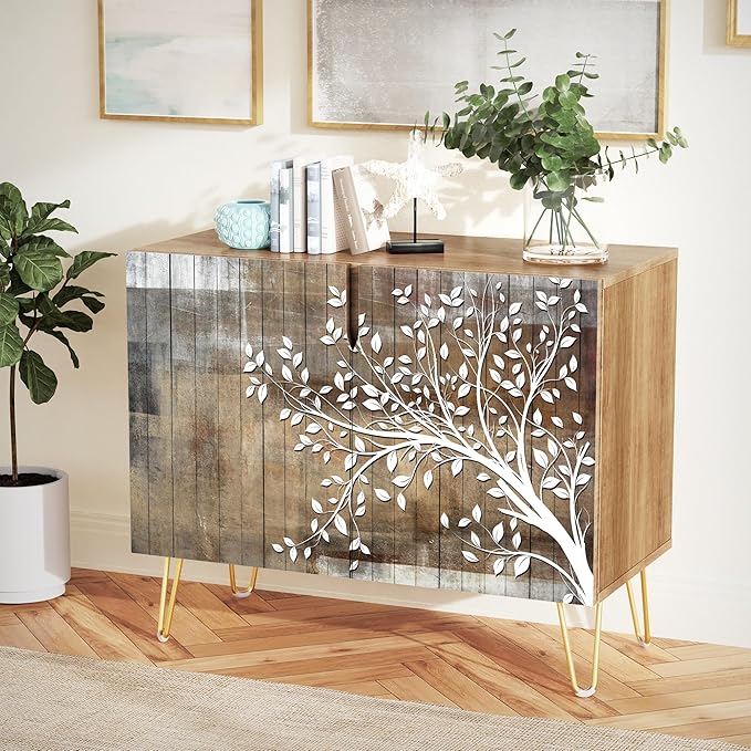 SIGNWIN Sideboard Buffet Cabinet, Kitchen Storage Cabinet with 2 Doors, Mid-Century Tree Silhouetten, Cupboard Console Table for Dining Room - 35" L x 18" W x 29" H