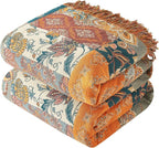 Boho Throw Blanket for Couch Sofa Bed, 100% Cotton Woven Quilt with Tassel 60”x80”, Super Soft Muslin Blanket with Floral Printed, Decorative Reversible Bed Blanket/Cover for All Seasons