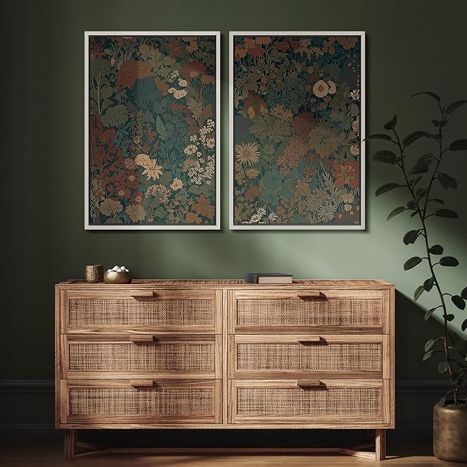 SIGNFORD Framed Canvas Print Wall Art Set Vintage Botanical Floral Dark Green and Rust Toned Illustration Modern Art Decorative Nordic Nature for Living Room, Bedroom, Office - 16"x24"x2 White