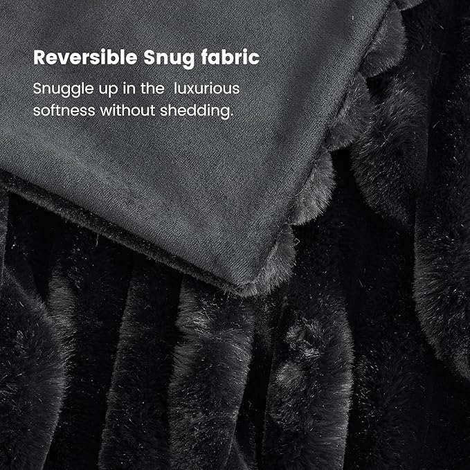 Cozy Bliss Faux Fur Throw Blanket for Couch, Cozy Warm Plush Striped Blanket for Sofa Bedroom Living Room,60 * 80 Inches Black