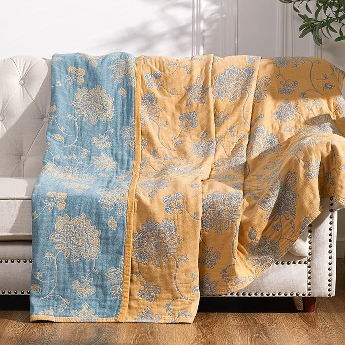 jinchan Boho 100% Cotton Muslin Twin Size 60x80 Inches Blanket Lightweight 4-Layer Quilted Soft Yellow and Blue Floral Throw Blanket Reversible Comfy Flower Breathable All Seasons Couch Bedroom Decor