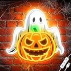 Spooky Glow Halloween Neon Signs for Wall Decor - Ghost & Pumpkin Led Neon Light Up Sign, Glow in Dark Indoor Decor for Porch Window Home Bar Party, Scary Halloween Decorations Gifts for Kids