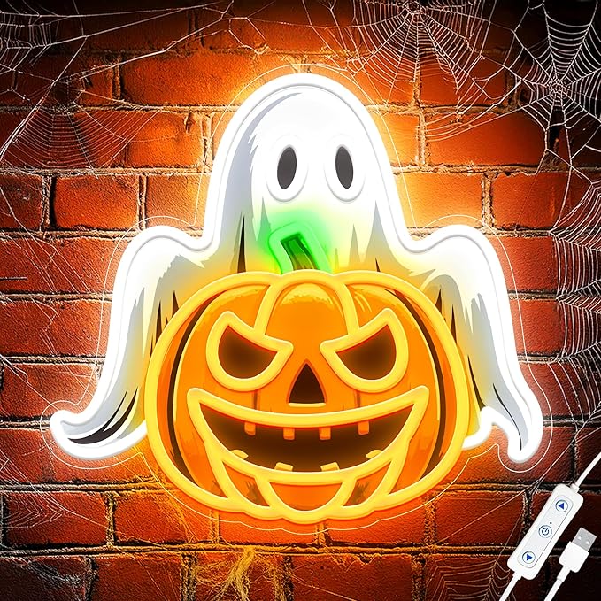 Spooky Glow Halloween Neon Signs for Wall Decor - Ghost & Pumpkin Led Neon Light Up Sign, Glow in Dark Indoor Decor for Porch Window Home Bar Party, Scary Halloween Decorations Gifts for Kids