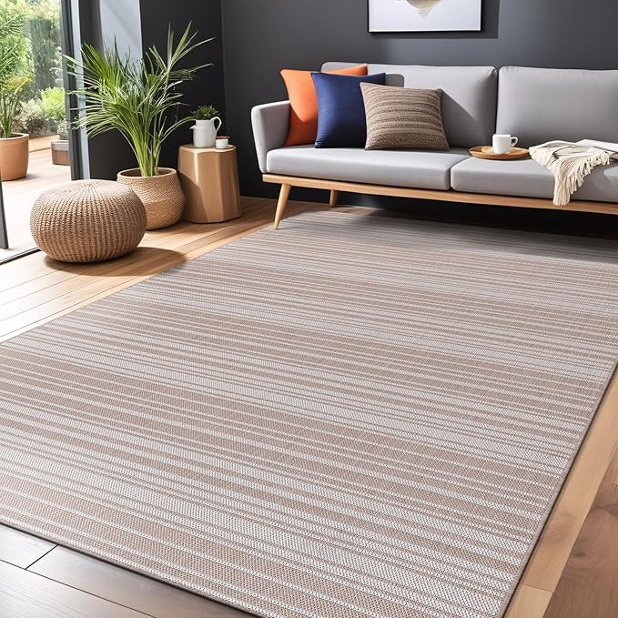Stripe Outdoor Rug 6x9 Washable Outside Carpet for Indoor Patio Porch Waterproof Easy Cleaning Non Shedding Area Rugs Beige 6 x 9