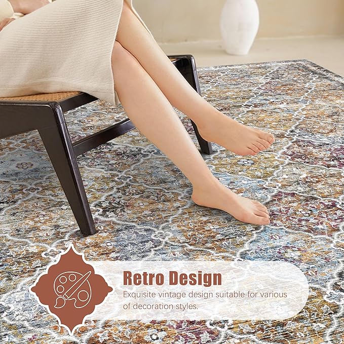 6' x 9' Washable Area Rug - Low Pile Soft Vintage Indoor Rug for Living, Dining or Bedroom - Lightweight Carpet with Non-Slip Backing - Foldable for Easy Placement, Multi