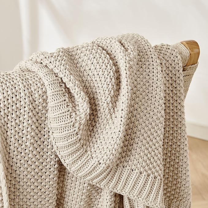 Joydeco Chunky Cable Knit Throw Blanket, Lightweight 100% Organic Cotton Soft Cozy Throw Twin Blanket for Couch Bed and Sofa, Rustic Breathable Farmhouse Blanket Gift for Women Men(Beige, 51"x63")