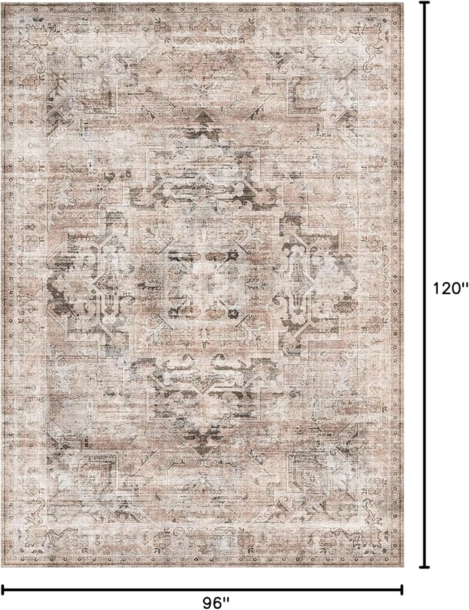 GENIMO 8x10 Area Rugs for Living Room, Machine Washable Non Slip Vintage Rugs, Low Pile Lightweight Chenille Print Rug for Bedroom, Dining Room, Home Office, Brownish Drab