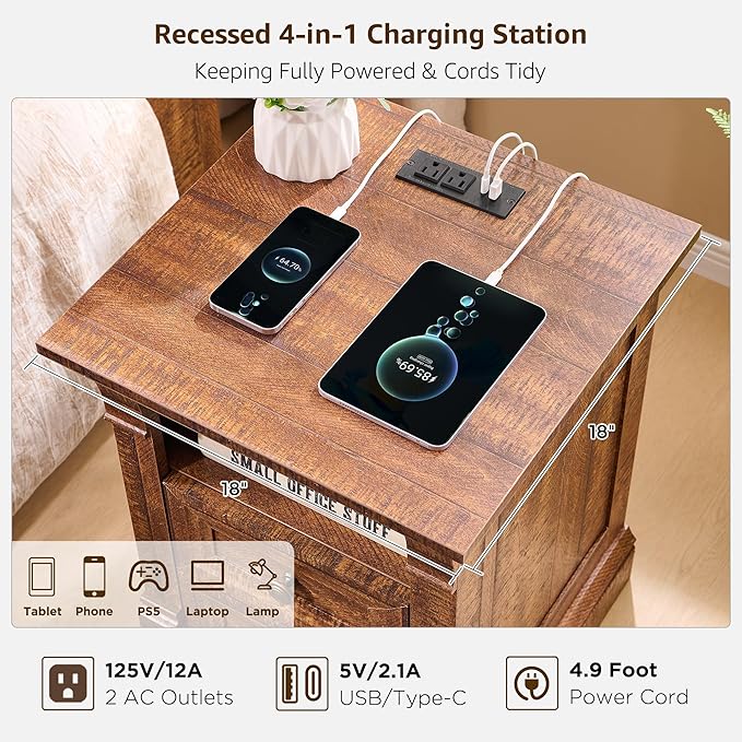 Farmhouse Nightstand with Charging Station, 18" End Table with 2 Drawers Storage and 1 Storage Shelf, Wooden Sofa Table w/Roman Column, , Bedside Cabinet for Bedroom, Living Room, Reclaimed Barnwood
