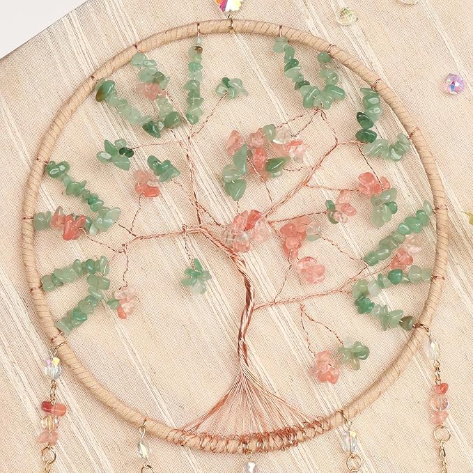 Rainbow Agate Gemstone Large Dream Catcher Crabapple Chakra Tree of Life Dream Catcher with Crystal Stones Handmade Dreamcatcher Wall Decor for Adults Boys Girls Bedroom Garden Bless Gift