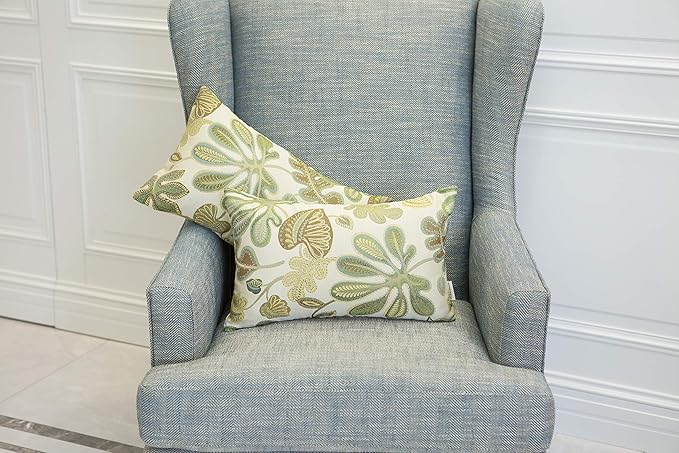 Mika Home Set of 2 Jacquard Tropical Leaf Pattern Oblong Throw Pillow Covers Accent Pillowcase 12X20 Inches,Green Cream