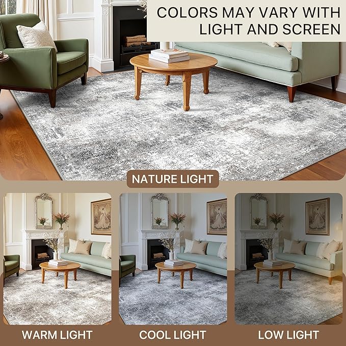 GENIMO Washable Area Rugs for Living Room, 10x14 Modern Non Slip Rugs, Low Pile Lightweight Soft Print Rug for Bedroom, Dining Room, Home Office, Grey