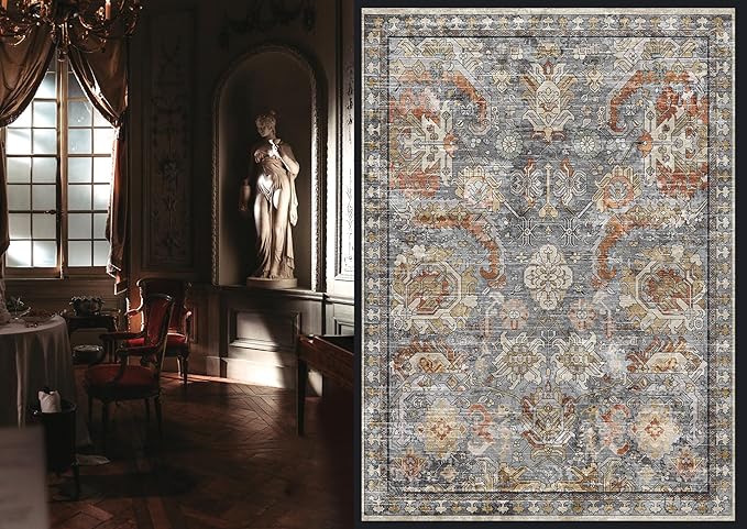 RUGSURE Washable Area Rugs - Perfect for Living Room, Bedroom, Kids Room, Nursery - Stain & Water Resistant Non-Slip, Pet & Child Friendly, Vintage Tribal Area Rugs (Turmeric and Grey, 8' x 10')