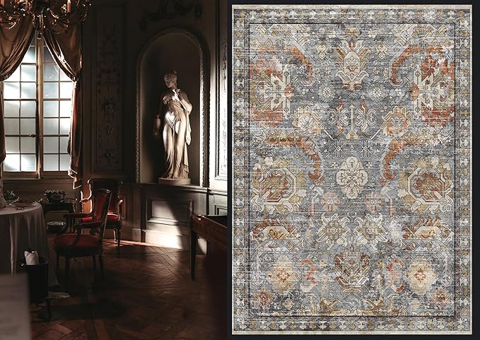 RUGSURE Washable Area Rugs - Perfect for Living Room, Bedroom, Kids Room, Nursery - Stain & Water Resistant Non-Slip, Pet & Child Friendly, Vintage Tribal Area Rugs (Turmeric and Grey, 5' x 7')