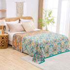 Boho Blanket Throw Quilt, 100% Cotton Soft Light Weight Throw Blankets for Summer, 90"x98" Farmhouse Flower Decorative Blankets, All Season Rustic Reversible Bohemian Throw Quilt