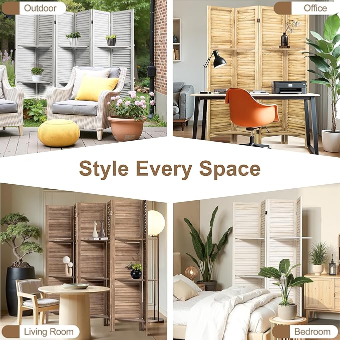 Osparple Room Divider with Shelves 4 Panel Wooden Folding Room Dividers Privacy Screen Wall Divider for Room Separation for Office and Apartment, Natural