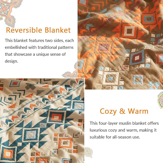 Boho Throw Blanket for Couch Sofa Bed, 100% Cotton Woven Quilt with Tassel 60”x80”, Super Soft Muslin Blanket with Patchwork Printed, Decorative Reversible Bed Blanket/Cover for All Seasons