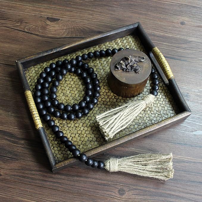 CVHOMEDECO. Wood Beads Garland with Tassels Farmhouse Rustic Wooden Prayer Bead String Wall Hanging Accent for Home Festival Decor. Black