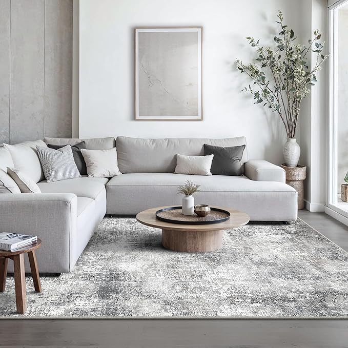GENIMO Washable Area Rugs for Living Room, 5x7 Modern Non Slip Rugs, Low Pile Lightweight Soft Print Rug for Bedroom, Dining Room, Home Office, Grey