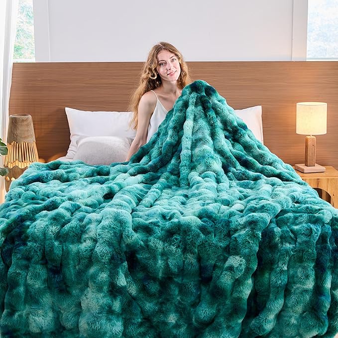 Lotus Karen Faux Fur Throw Blanket Tie-Dye Green - Big Bubble Rabbit Fluff Blanket for Couch, Large Fluffy Fuzzy Cozy Blanket,Thick Furry Plush Shaggy Blankets,108x90 Inches