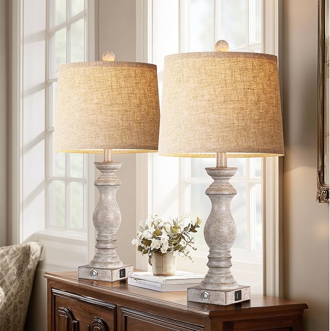24.5" Table Lamp Set of 2, Rustic Farmhouse Bedside Lamps with USB A+C Charging Ports, 3-Way Dimmable Touch Control Nightstand Lamps for Living Room Bedroom, Antique Grey White, LED Bulbs Included