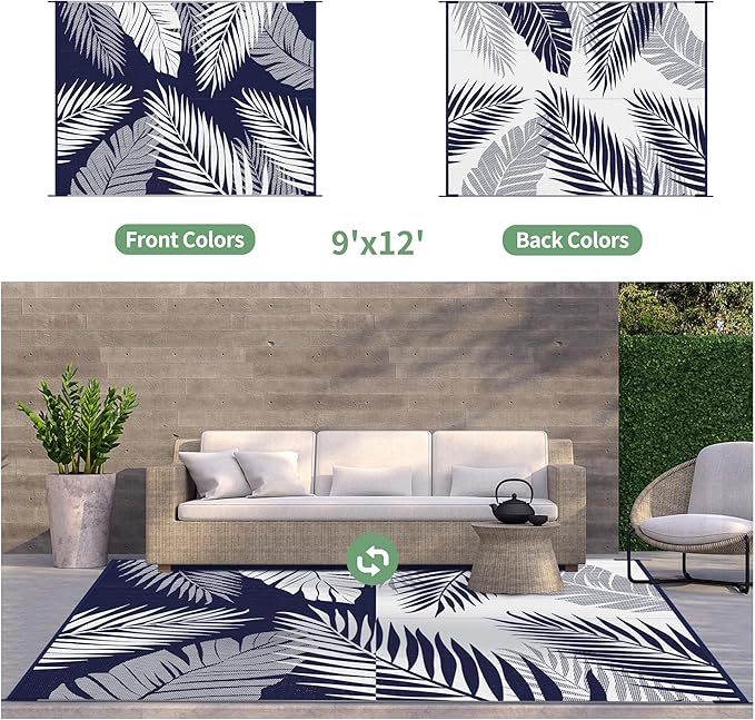 GENIMO Outdoor Rug 9' x 12' Waterproof for Patios Clearance, Reversible Outdoor Plastic Straw Camping Rug Carpet, Large Area Rugs Mats for RV, Camper, Deck, Balcony, Porch, Beach, Navy Blue&White