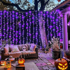 JMEXSUSS 300LED Purple Halloween Lights with Remote, Curtain Hanging Light Plug in, 8 Modes Purple String Lights for Bedroom Window Wall Party Backdrop Christmas Halloween Decorations