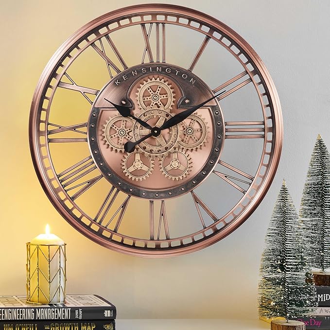 CLXEAST 28 Inch Oversized Large Moving Gears Wall Clock,Industrial Vintage Rose Gold Silent Wall Clock for Modern Farmhouse Living Room Home Decor,Copper Finish