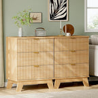 Fluted Nightstand with Charging Station, 24" Wide Bedside Table with 3 Large Storage Drawers, Modern Wood Side Table Night Stand, End Table Small Dresser for Bedroom, Living Room, Dorm, Natural Oak