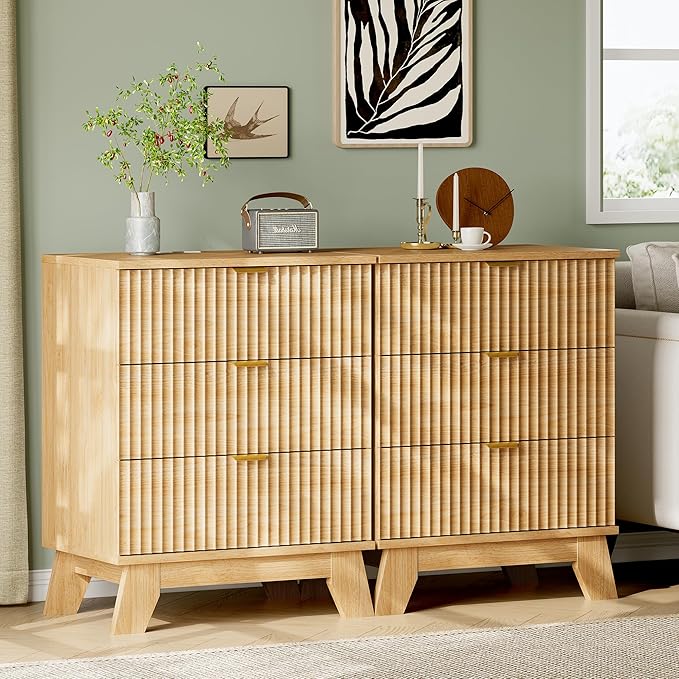 Fluted Nightstand with Charging Station, 24" Wide Bedside Table with 3 Large Storage Drawers, Modern Wood Side Table Night Stand, End Table Small Dresser for Bedroom, Living Room, Dorm, Natural Oak