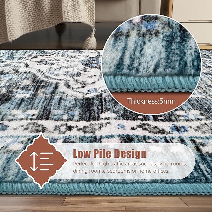 2'6'' x 8' Washable Area Rug - Low Pile Soft Vintage Indoor Rug for Living, Dining or Bedroom - Lightweight Carpet with Non-Slip Backing - Foldable for Easy Placement, Ocean Blue