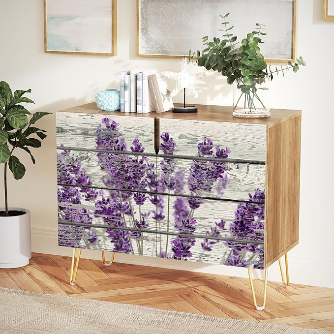 SIGNWIN Sideboard Buffet Cabinet, Kitchen Storage Cabinet with 2 Doors, Wood Panel Lavender Flowers, Cupboard Console Table for Dining Room - 35" L x 18" W x 29" H