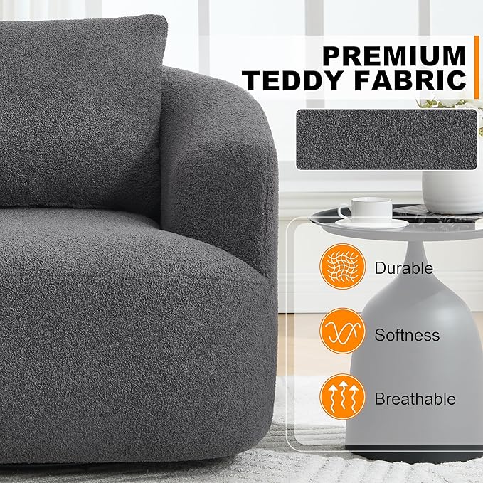 Luxlen Swivel Accent Chair with Pillow for Living Room, Teddy Fleece Upholstered Single Sofa, 360° Rotating Barrel Chair with Metal Base for Bedroom, Office, Apartment - Dark Gray