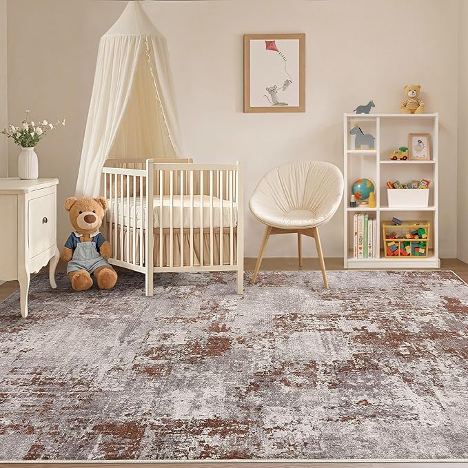 Tortania Washable 10x13 Area Rug for Living Room: Modern Abstract Neutral Large Soft Thin Rugs - Non Slip Indoor Carpet for Bedroom Dining Room Office Nursery Home Floor Decoration - Brown