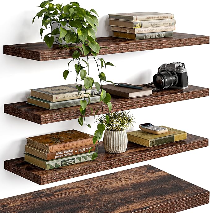 23’’Rustic Brown Floating Shelves for Wall,Rustic Wood Shelf for Room Decor/Storage/Display,Small Bookshelf,Wall Mounted Hanging Shelves for Bedroom, Bathroom, Living Room, Kitchen,Set of 4