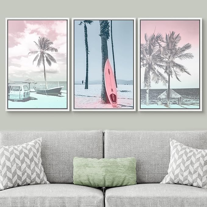 SIGNWIN Framed Canvas Print Wall Art Set Vintage Retro Hawaiian Island Hut Surfboard Nature Wilderness Photography Modern Art Landscape Relax/Calm for Living Room, Bedroom, Office - 16"x24"x3 White