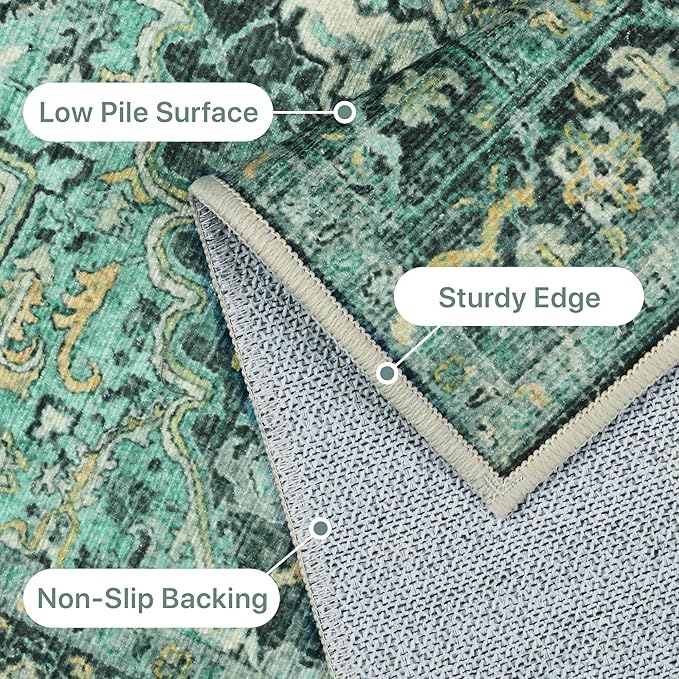 GENIMO Machine Washable 8x10 Area Rugs for Living Room, Non Slip Vintage Rugs, Low Pile Lightweight Chenille Print Rug for Bedroom, Dining Room, Home Office, Turquoise
