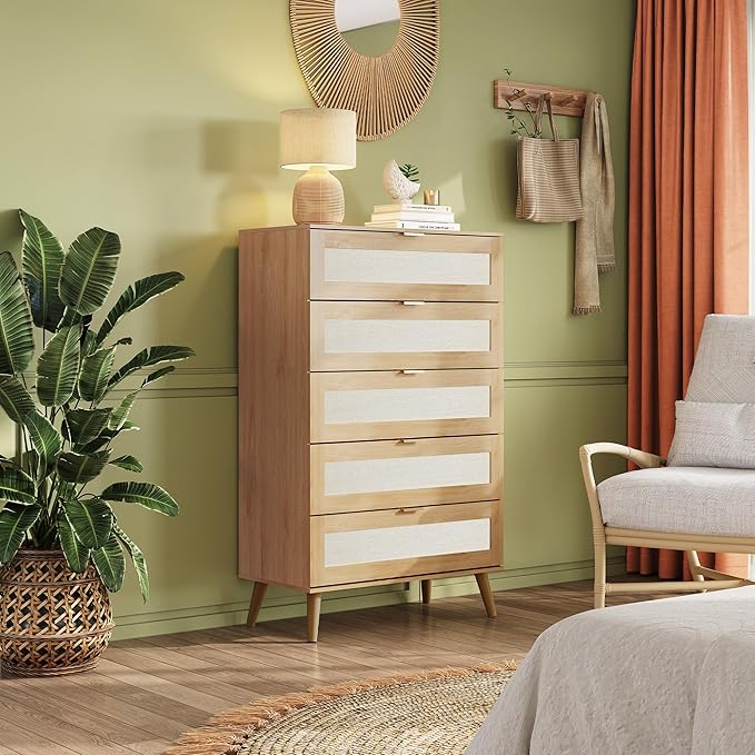 WLIVE Rattan Dresser for Bedroom, 5 Drawer Wood Boho Dresser Storage with Gold Metal Handle, Chest of Drawers for Living Room, Closet, Hallway, Light Oak