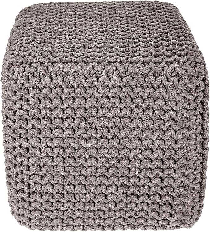 REDEARTH Cube Hand Knitted Pouf - Foot Stool Ottoman - Cord Boho Pouffe - Poof Accent Stuffed Table or Footrest for Living Room - Nursery - Bedroom - Patio - 100% Cotton (16" x 16" x 16") - Taupe