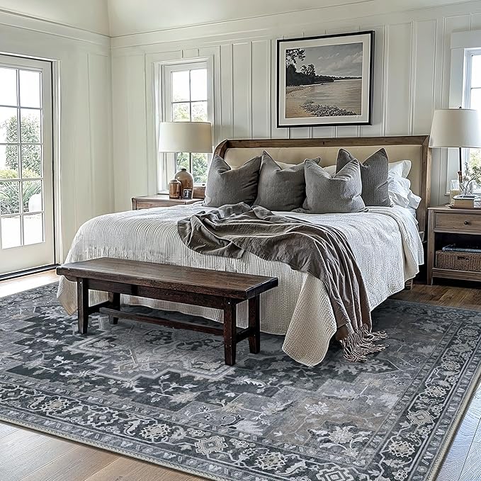 GENIMO 9x12 Area Rugs for Living Room, Machine Washable Non Slip Vintage Rugs, Low Pile Lightweight Chenille Print Rug for Bedroom, Dining Room, Home Office,Dark Gray