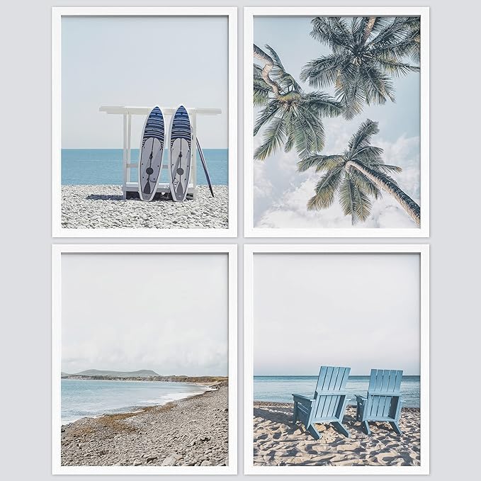 SIGNWIN Framed White Surfboard Tropical Palm Tree Beach Shore Wall Art, Set of 4 Landscape Colorful Wall Decor Prints, Nature Wilderness Wall Décor for Living Room, Bedroom - 11"x14" White