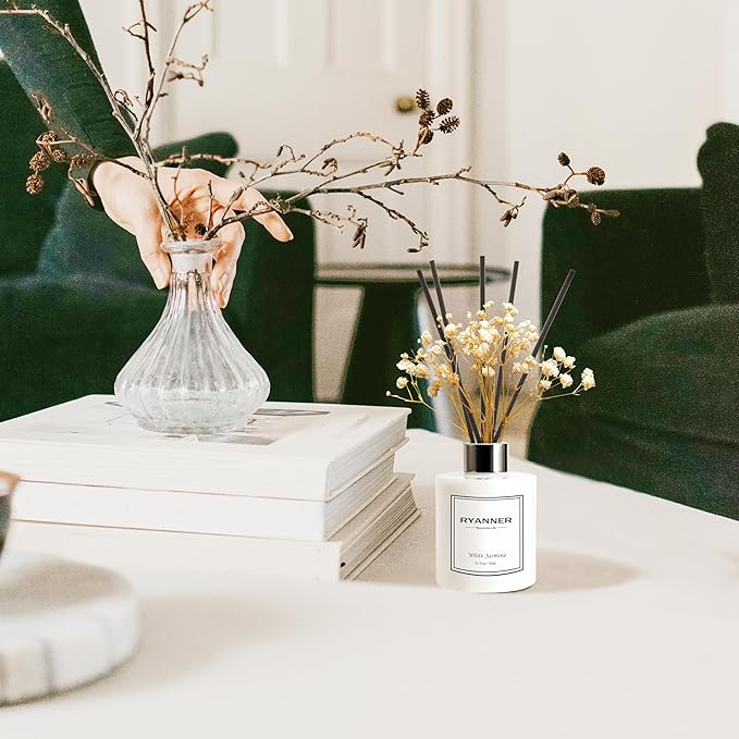 Flower Reed Diffuser Set,5.1oz White Jasmine Scent Diffuser with Sticks Home Fragrance Reed Diffuser with Essential Oil for Bathroom Shelf Decor&Air Freshener,Home Bathroom Office Decor&Gifts