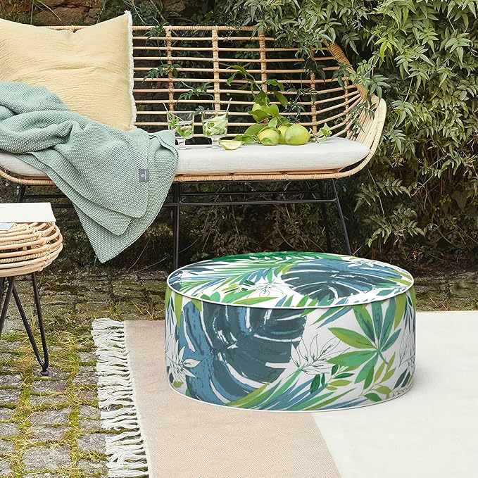 LVTXIII Outdoor/Indoor Round Inflatable Ottoman, All Weather Patio Footstool, Portable Footrest Seat for Patio Garden, Camping or Home, 21"x21"x9", Islamorada Blue Green