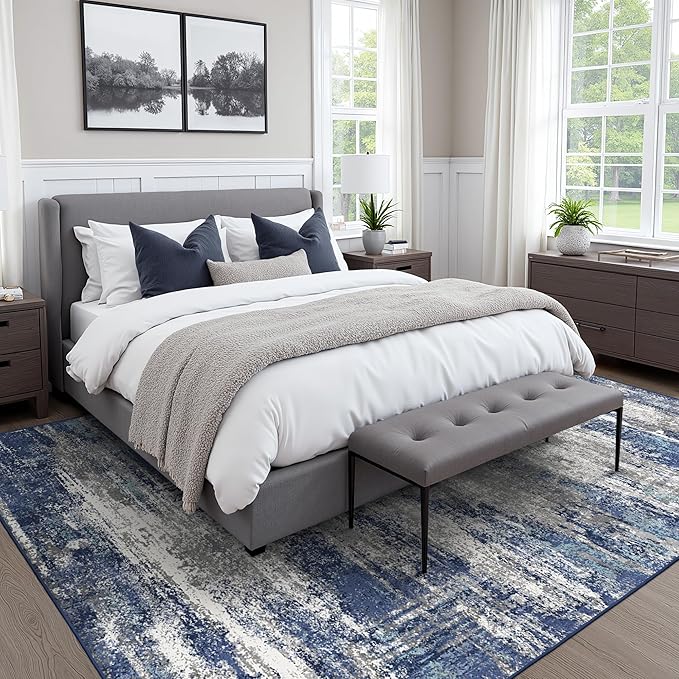 Area Rugs 5x7 for Living Room Bedroom, Modern Abstract Machine Washable Rug, Large Soft Low Pile Floor Cover with Non Slip Backing for Dining Room, Navy Blue Gray