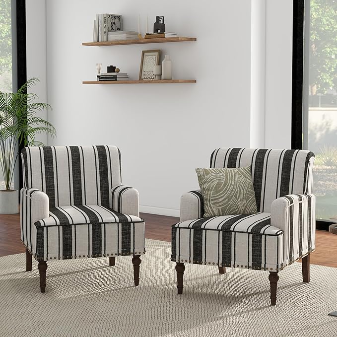 UIXE Stripe Accent Chairs Set of 2, Living Room Arm Chair Modern Nailhead Trim Club Armchair, Comfy Upholstered Sofa Lounge Seat Reading Seat Bedroom Side Seating for Home Office, Black