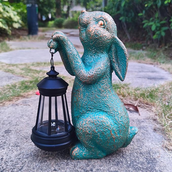 JOYBEE Garden Statues Rabbit with Solar Lantern Outdoor Decor-Rabbit Solar Figurines Lights Decorations for Patio Yard Lawn Ornaments-Gifts for Birthday Easter Housewarming