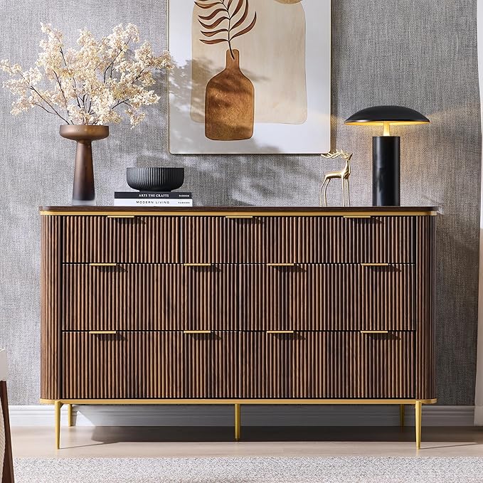T4TREAM 7-Drawer Dresser Fluted Design, with Gold Accents (Dark Walnut)
