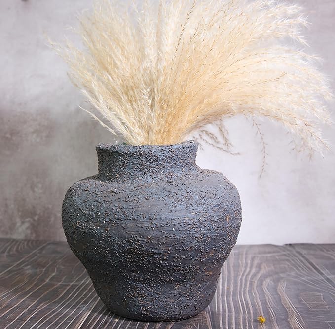 Rustic Pottery Ceramic Vase - Vintage Farmhouse Style Decor, White Grid Ceramic Vases for Home Decor, Modern Farmhouse Decor (black1)