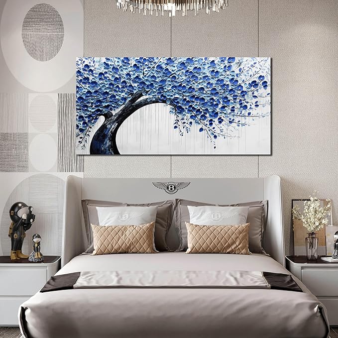 Large Wall Art for Living Room Bedroom Home Office Blue Tree of Life Wall Art Floral Picture Framed Wall Decor Modern Canvas Prints 29x59 In